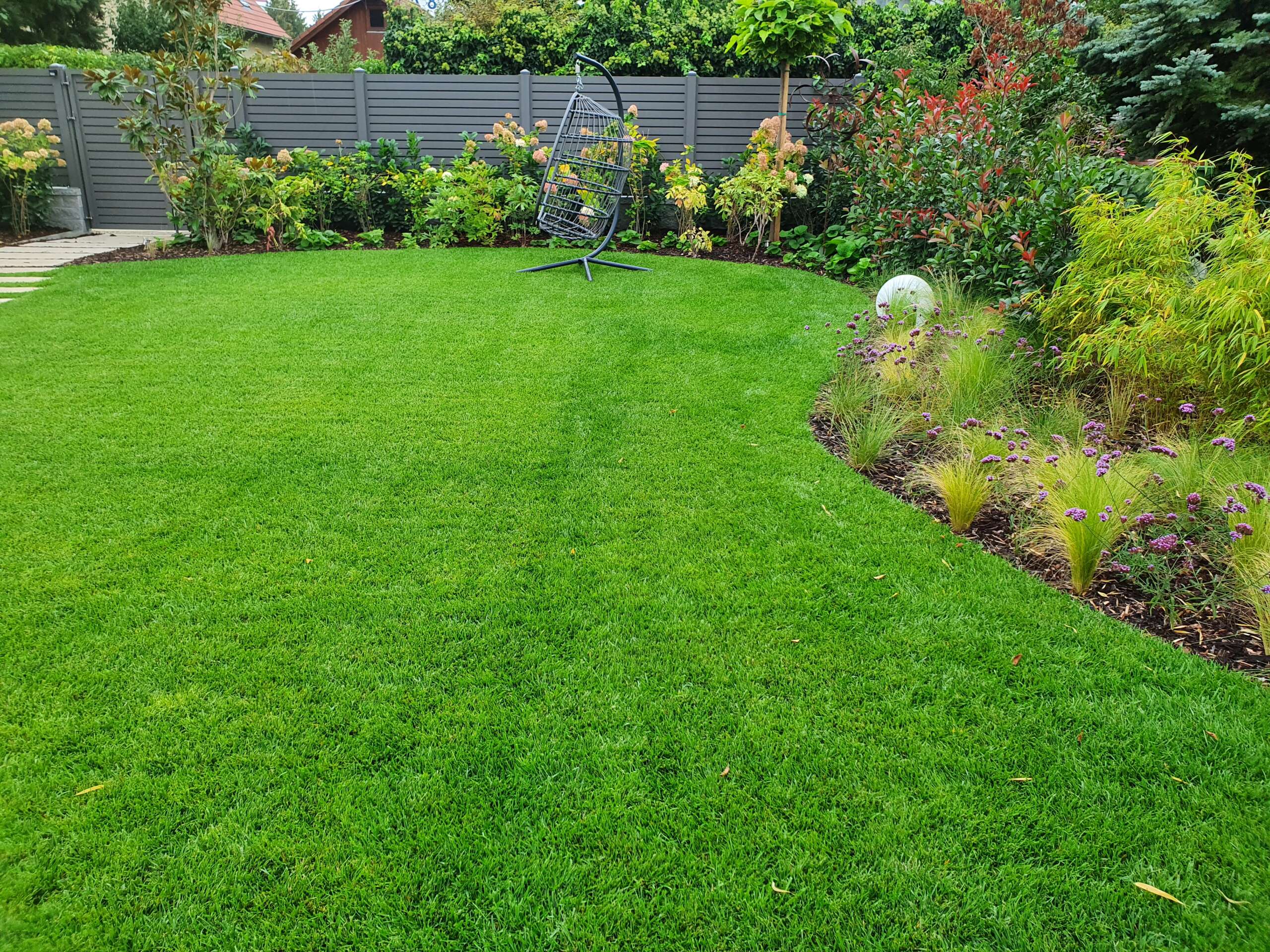 Moderner Privatgarten mit Rasen, Blühpflanzen und Sichtschutz